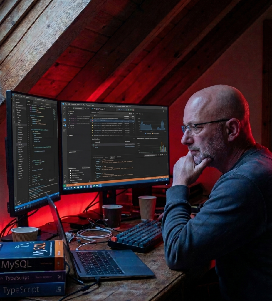 Programmierung
Der Ohrenbeisser sitzt vorm Monitor mit VS-.Code