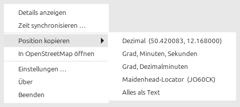 Kontextmenü mit geöffnetem Untermenü „Position kopieren“