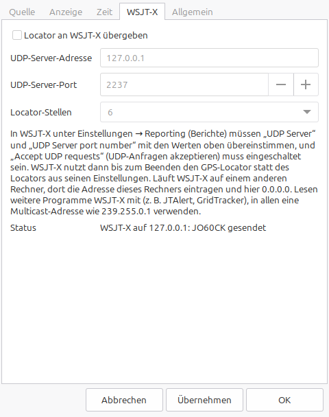 Einstellungen, Reiter WSJT-X mit UDP-Adresse, Port und Statuszeile