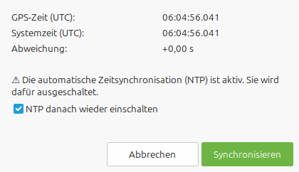 Dialog „Systemzeit synchronisieren“ mit GPS-Zeit, Systemzeit und Abweichung