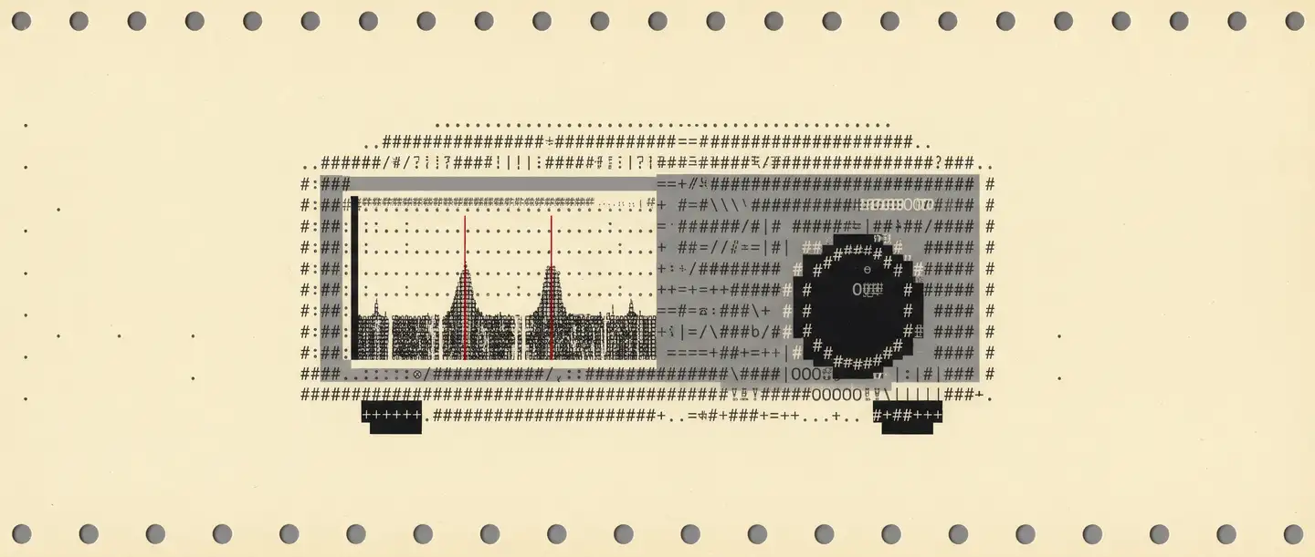 Transceiver-Frontplatte mit Anzeigefenster, zwei Spitzen und roten Markierungslinien, als Zeichenraster auf gelbem Papier