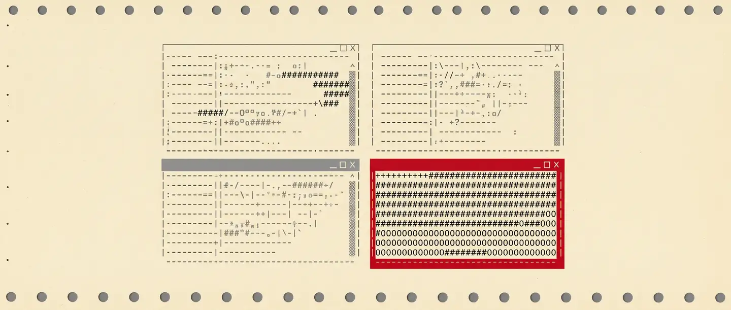 Vier Programmfenster, eines mit rotem Rahmen und sauberem Zeilenmuster, als Zeichenraster auf gelbem Fernschreiberpapier