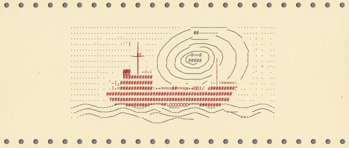 Rotes Schiff mit Antennenmast vor einer Wetterkarte mit Isobaren, als Zeichenraster auf gelbem Fernschreiberpapier