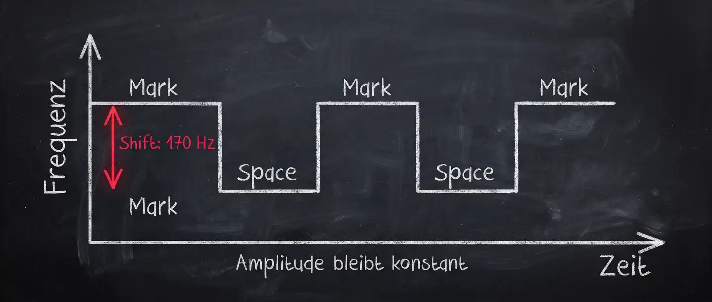 Treppenlinie springt zwischen Mark und Space, dazwischen der rote Abstand von 170 Hz, die Amplitude bleibt konstant