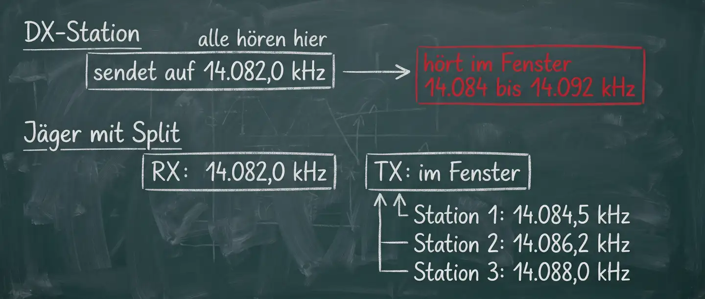 Split-Betrieb: Die DX-Station sendet auf 14.082 kHz und hört im Fenster darüber, die Jäger senden versetzt auf verschiedenen Frequenzen