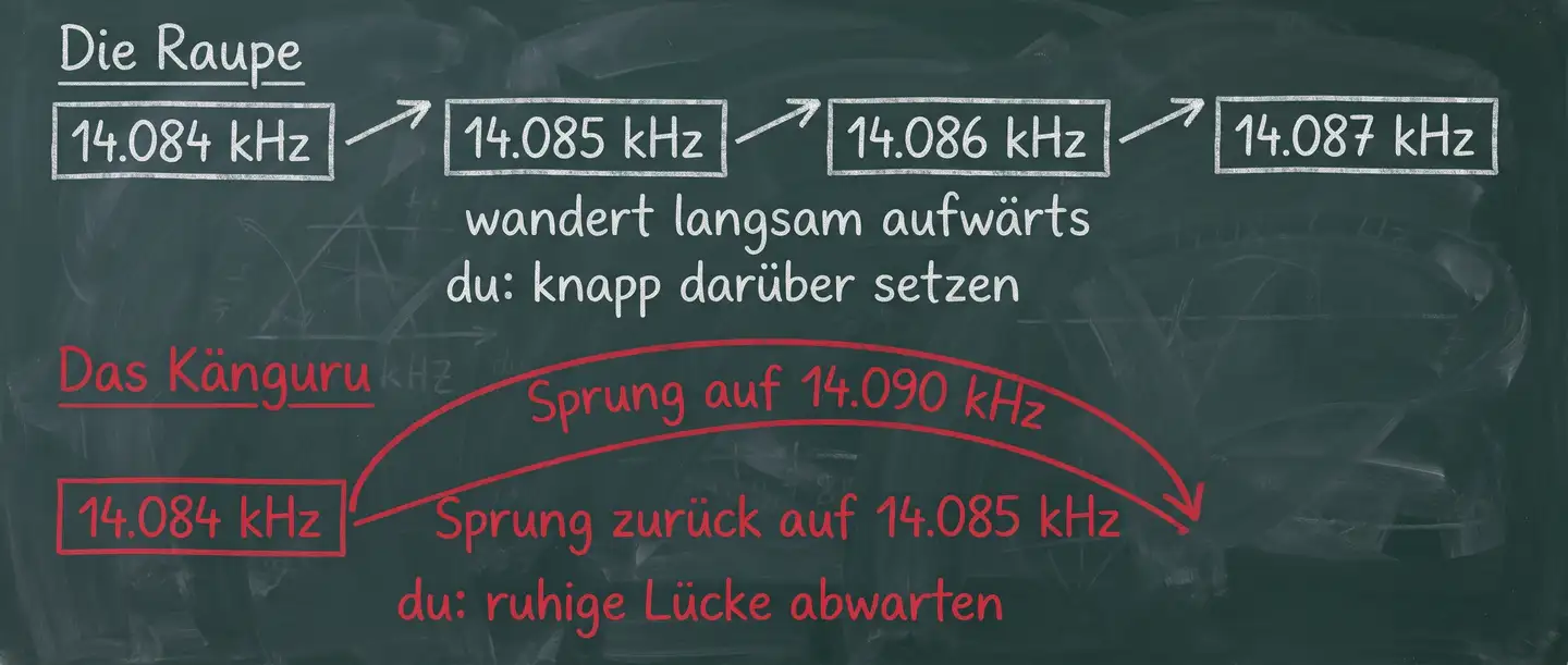 Zwei Operator-Typen: Die Raupe wandert langsam aufwärts, das Känguru springt wild hin und her und verlangt Geduld
