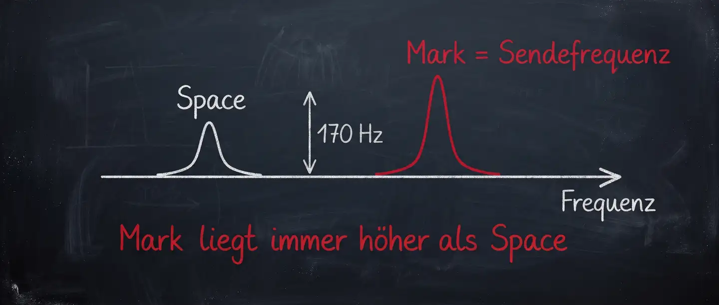 Zwei Spektrallinien im Abstand von 170 Hz: Mark liegt immer höher als Space und ist die Sendefrequenz