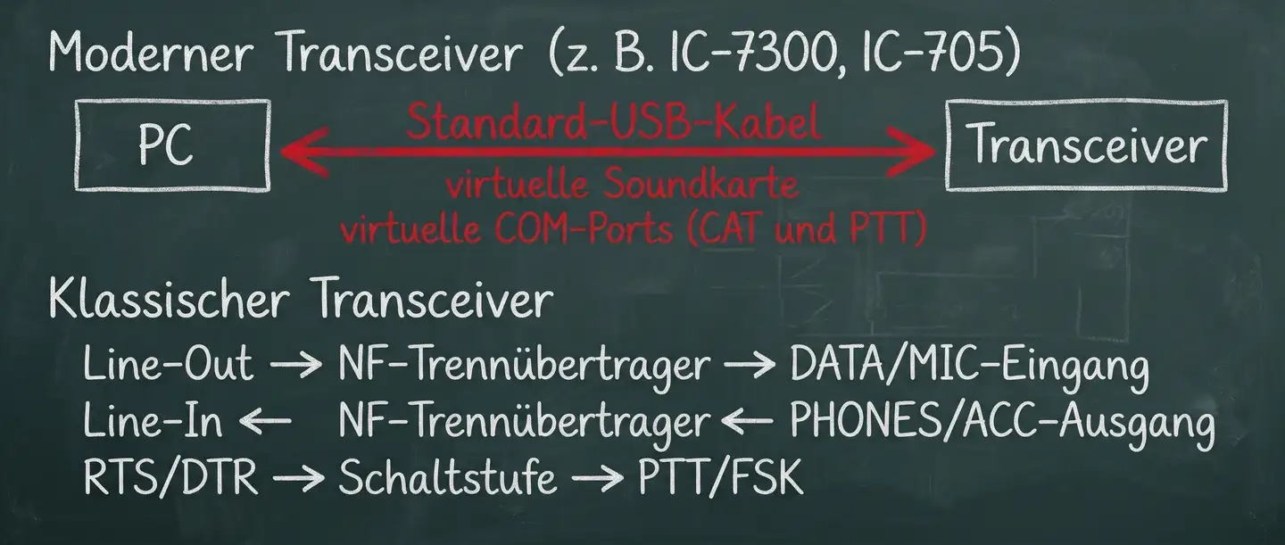 Audio-Pfade im Vergleich: ein USB-Kabel bei modernen Transceivern, bei klassischen Geräten Übertrager, Audio- und Schaltleitungen