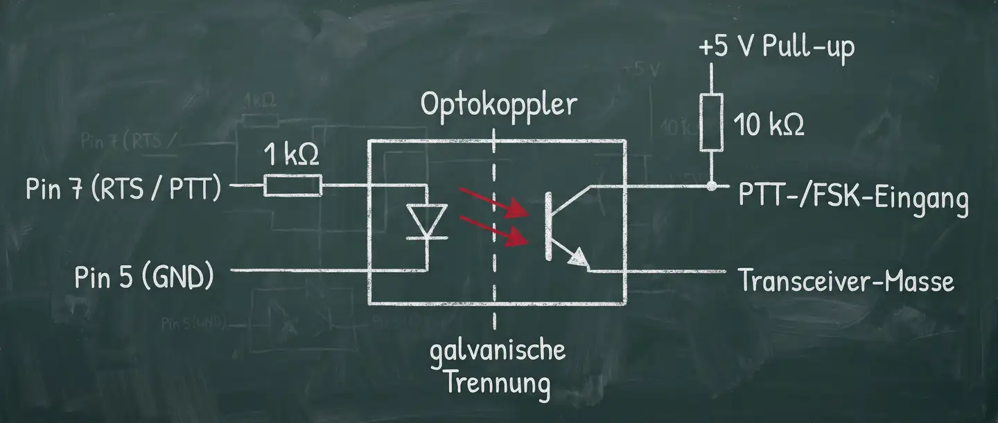 Optokoppler-Schaltung: Der PC steuert nur die LED, der Fototransistor schaltet PTT oder FSK, beide Seiten bleiben galvanisch getrennt