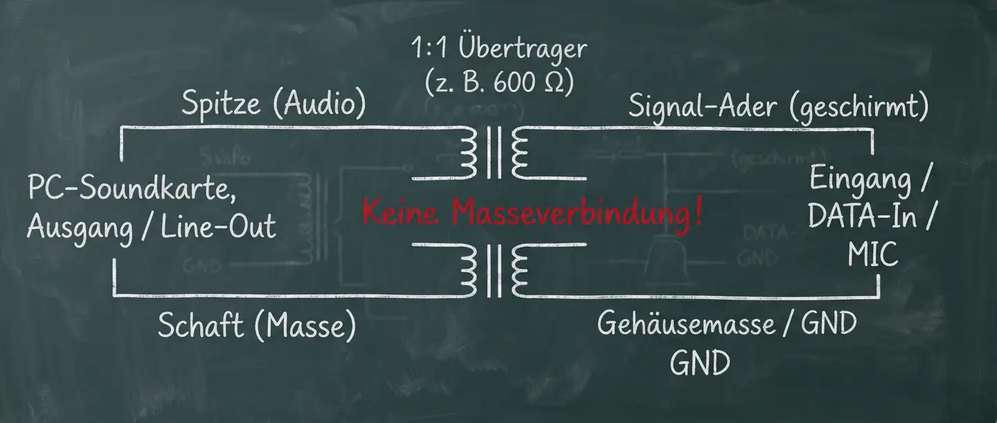 Ein 1:1-Übertrager trennt Soundkarte und Transceiver galvanisch: Es gibt keine Masseverbindung zwischen beiden Seiten